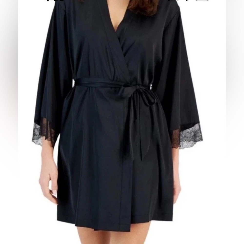 INC International Concepts Intimates Women's Lace Satin Short Robe Black Large